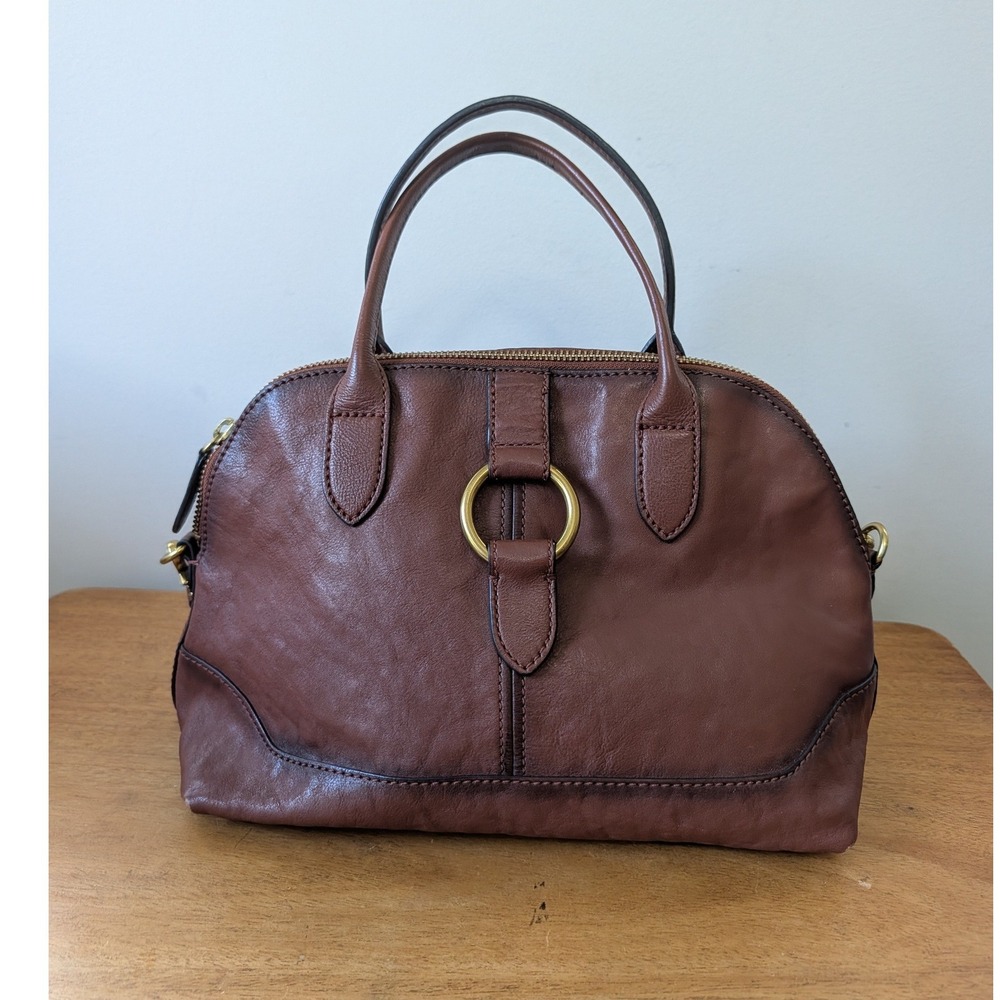 Frye Melissa Leather Satchel Cognac Brown Crossbody Bag Brass Ring Detail